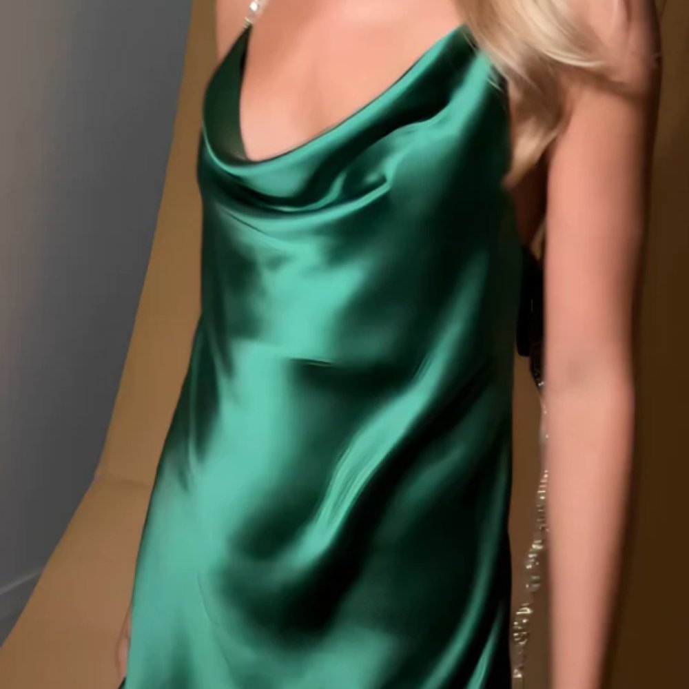 Emerald Satin Cowl Neck Mini Dress